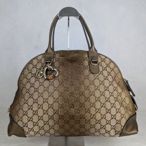 Gucci Handbags - Auth Gucci GG Lurex Heart Bit Canvas Handbag Brown/Bronze Made in Italy
